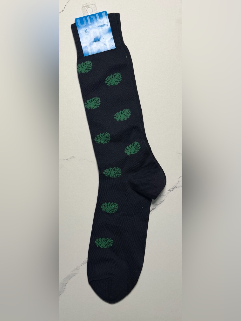 J. McLaughlin Navy Socks with Green Leaf Motif